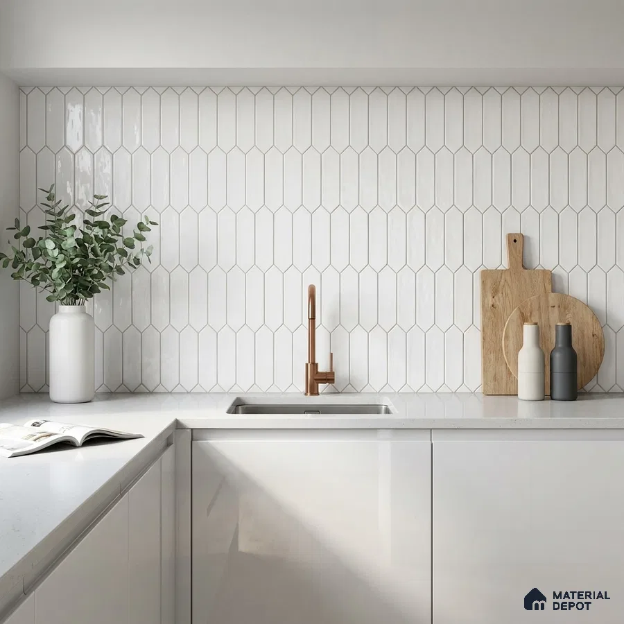 Minimalist Kitchen with White Picket Backsplash Tile and Glossy Cabinets