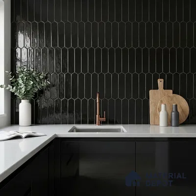 Modern Kitchen with Black Picket Backsplash Tile and Glossy Cabinets