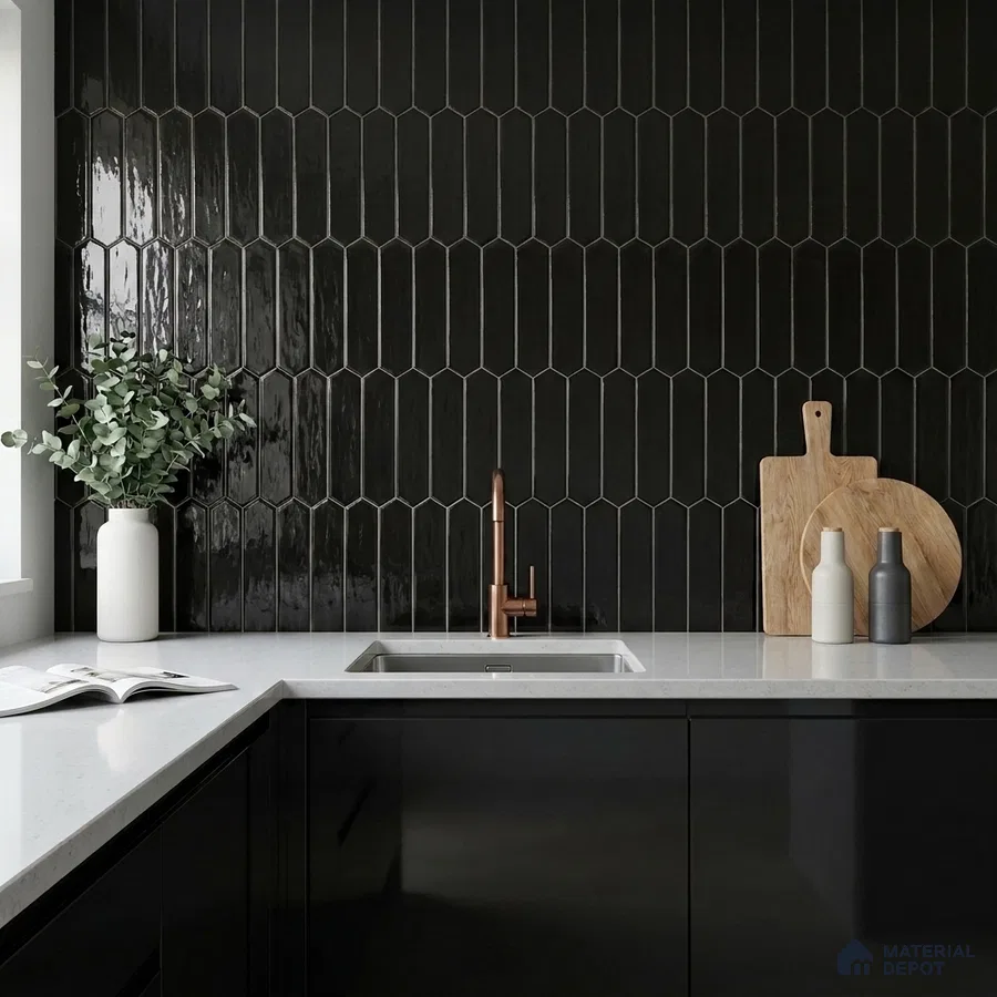 Modern Kitchen with Black Picket Backsplash Tile and Glossy Cabinets