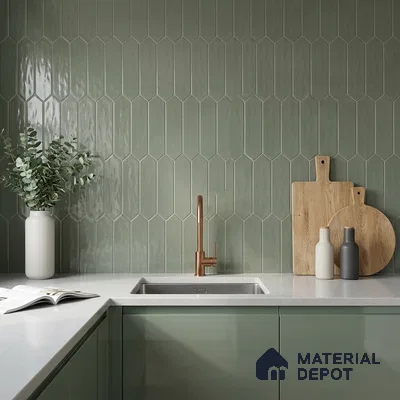 Modern Kitchen with Sage Green Picket Backsplash Tile and Glossy Cabinets