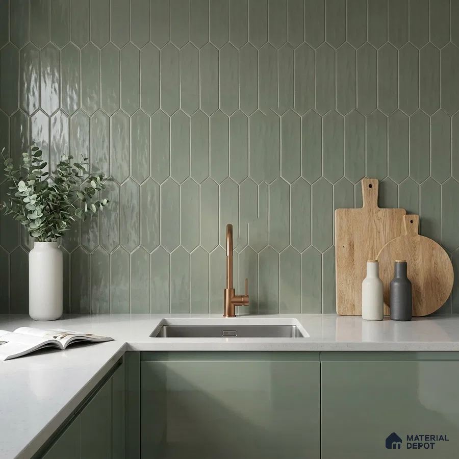Modern Kitchen with Sage Green Picket Backsplash Tile and Glossy Cabinets