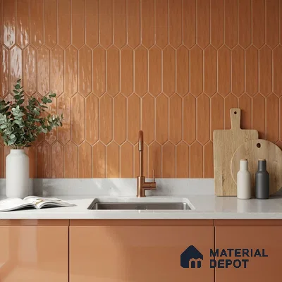 Modern Kitchen with Caramel Terracotta Picket Backsplash Tile and Glossy Cabinets