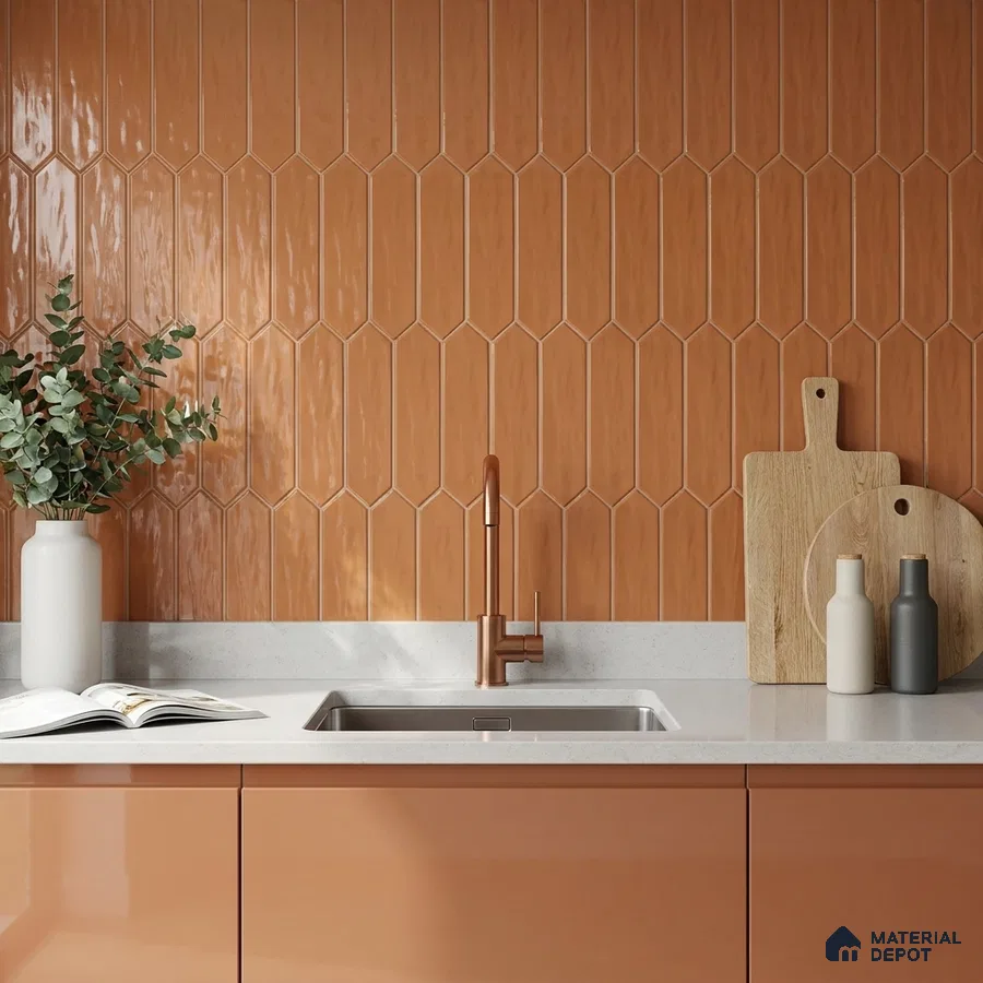 Modern Kitchen with Caramel Terracotta Picket Backsplash Tile and Glossy Cabinets