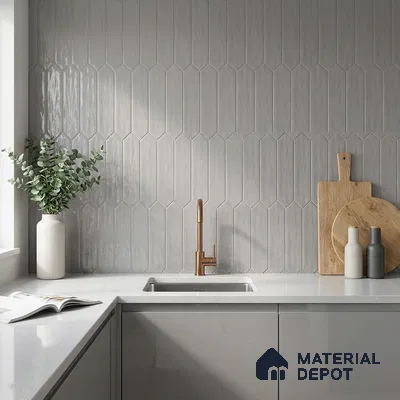 Minimalist Kitchen with Light Grey Picket Backsplash Tile and Glossy Cabinets