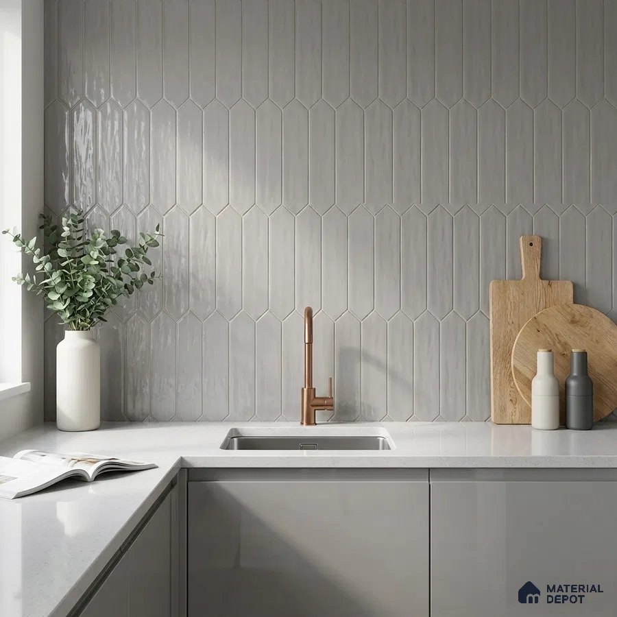 Minimalist Kitchen with Light Grey Picket Backsplash Tile and Glossy Cabinets