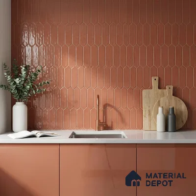 Modern Kitchen with Clay Terracotta Picket Backsplash Tile and Glossy Cabinets