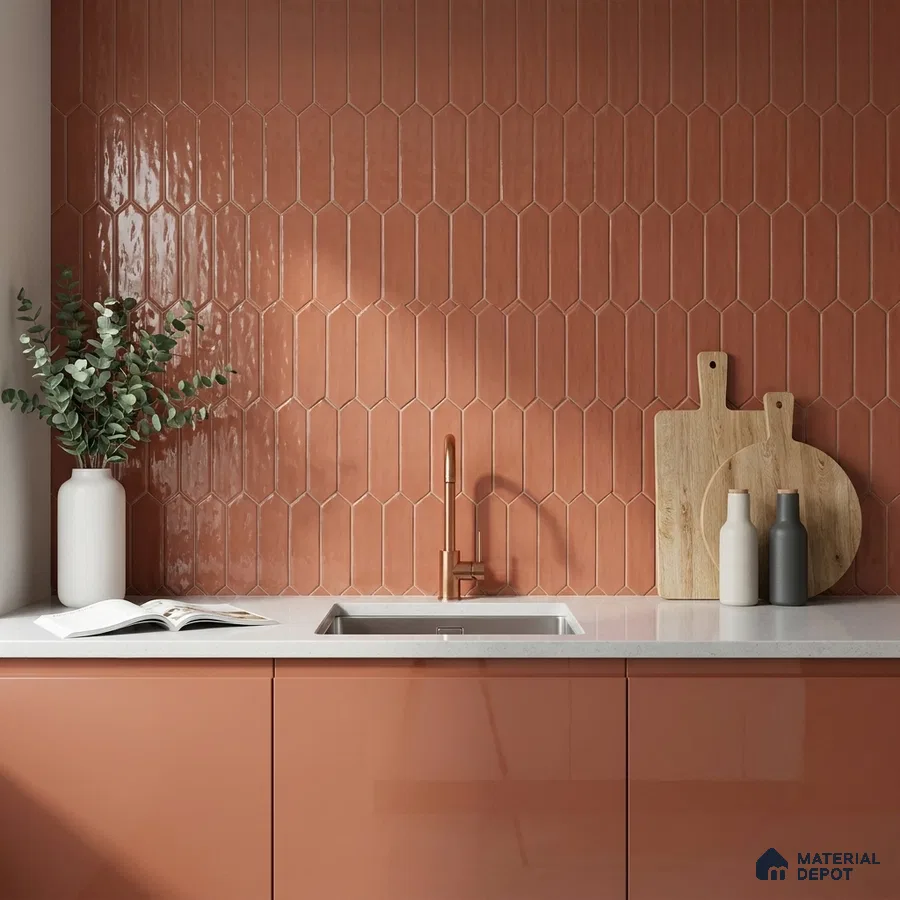 Modern Kitchen with Clay Terracotta Picket Backsplash Tile and Glossy Cabinets