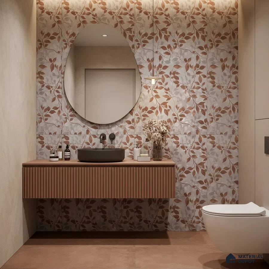 Modern bathroom with terracotta floral wall tiles and fluted vanity