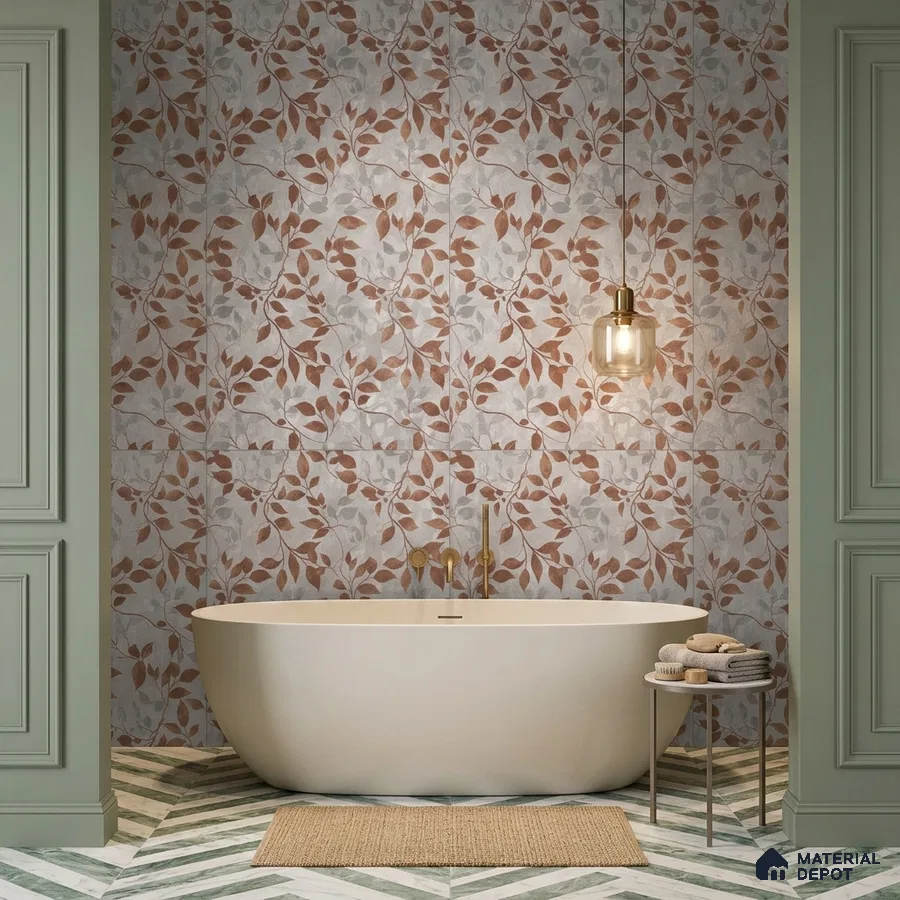 Modern bathroom with terracotta floral wall tiles and chevron marble floor tiles