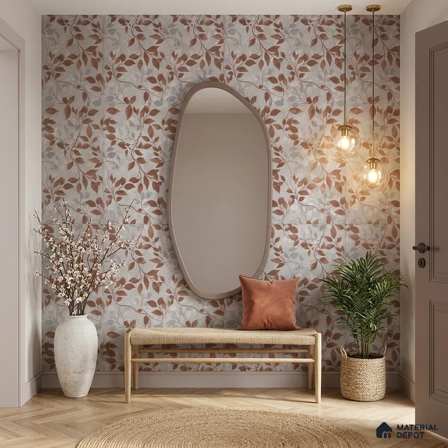 Scandinavian foyer with terracotta floral tile and light wood bench