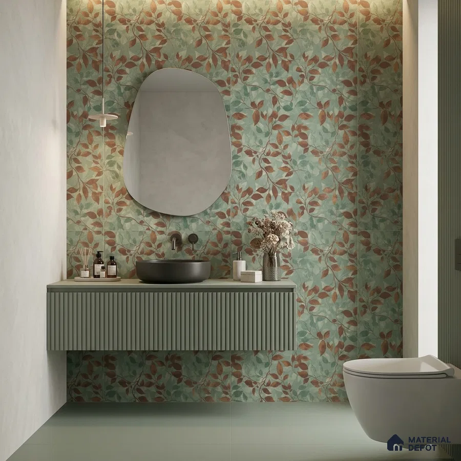 Modern bathroom with sage green fluted vanity, floral patterned wall tiles, and matte green floor tiles