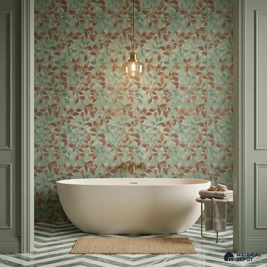 Modern bathroom with green floral wall tiles and chevron marble floor tiles