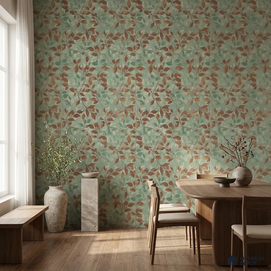 Scandinavian dining room with green and terracotta floral tile and natural wood furniture