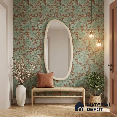 Scandinavian foyer with green floral tile and natural wood bench