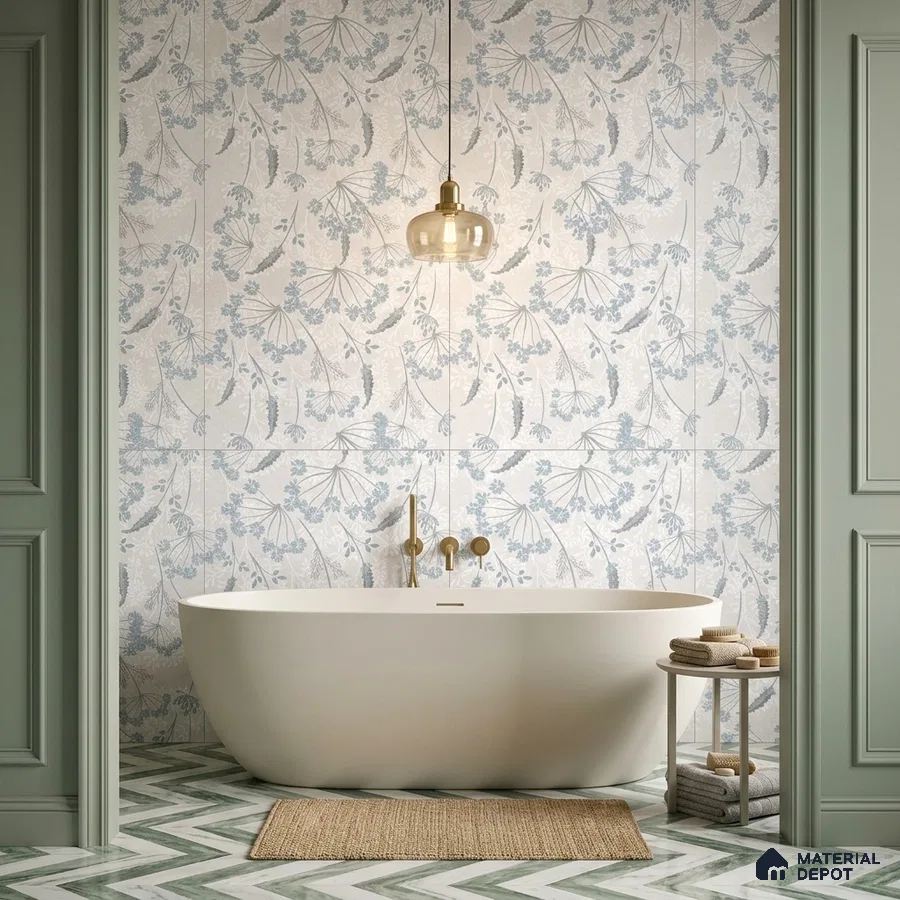 Scandinavian bathroom with blue floral wall tiles and green chevron marble floor tiles