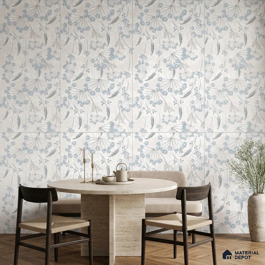 Scandinavian dining room with blue floral tile and travertine dining table