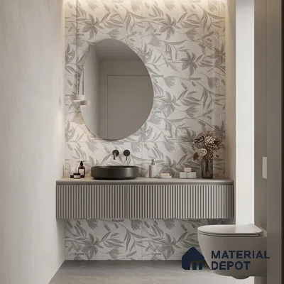 Minimalist bathroom with grey floral wall tiles and fluted vanity