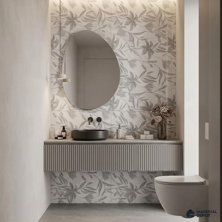 Minimalist bathroom with grey floral wall tiles and fluted vanity