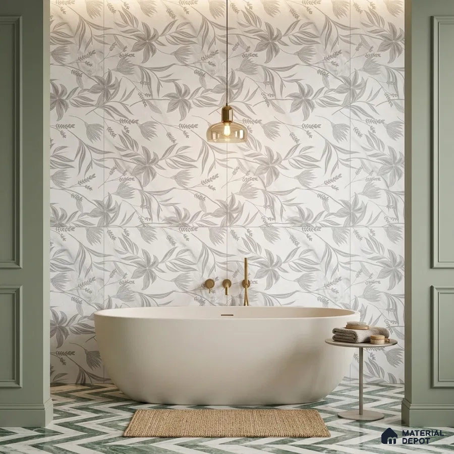 Modern bathroom with floral patterned wall tiles and green chevron floor tiles