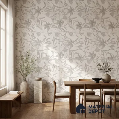 Scandinavian dining room with floral patterned wall tiles and natural wood flooring