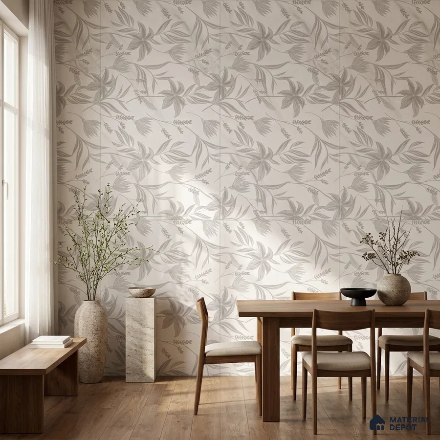 Scandinavian dining room with floral patterned wall tiles and natural wood flooring