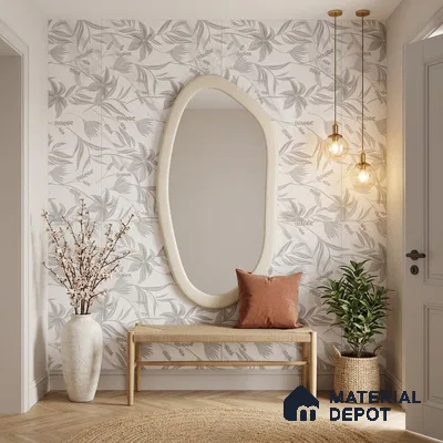 Scandinavian foyer with floral tile, natural wood bench, and herringbone wooden flooring