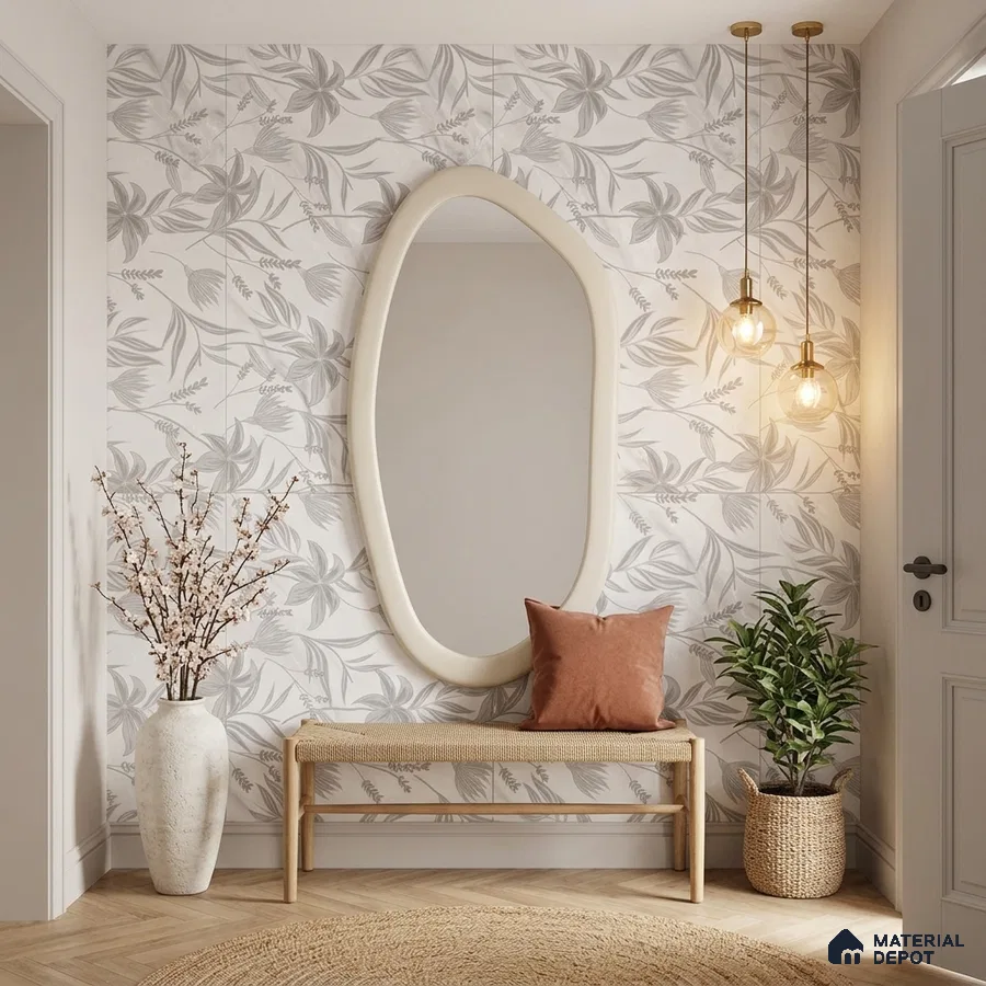 Scandinavian foyer with floral tile, natural wood bench, and herringbone wooden flooring