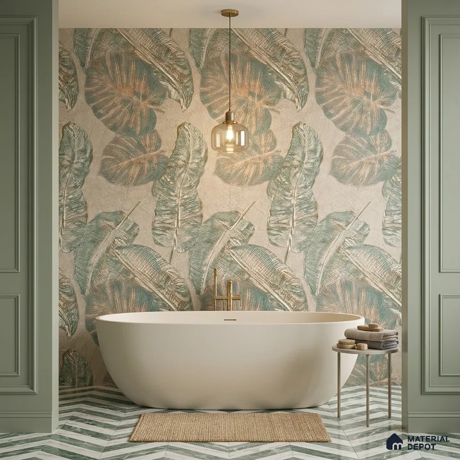 Modern bathroom with tropical leaf tile and chevron patterned floor tiles