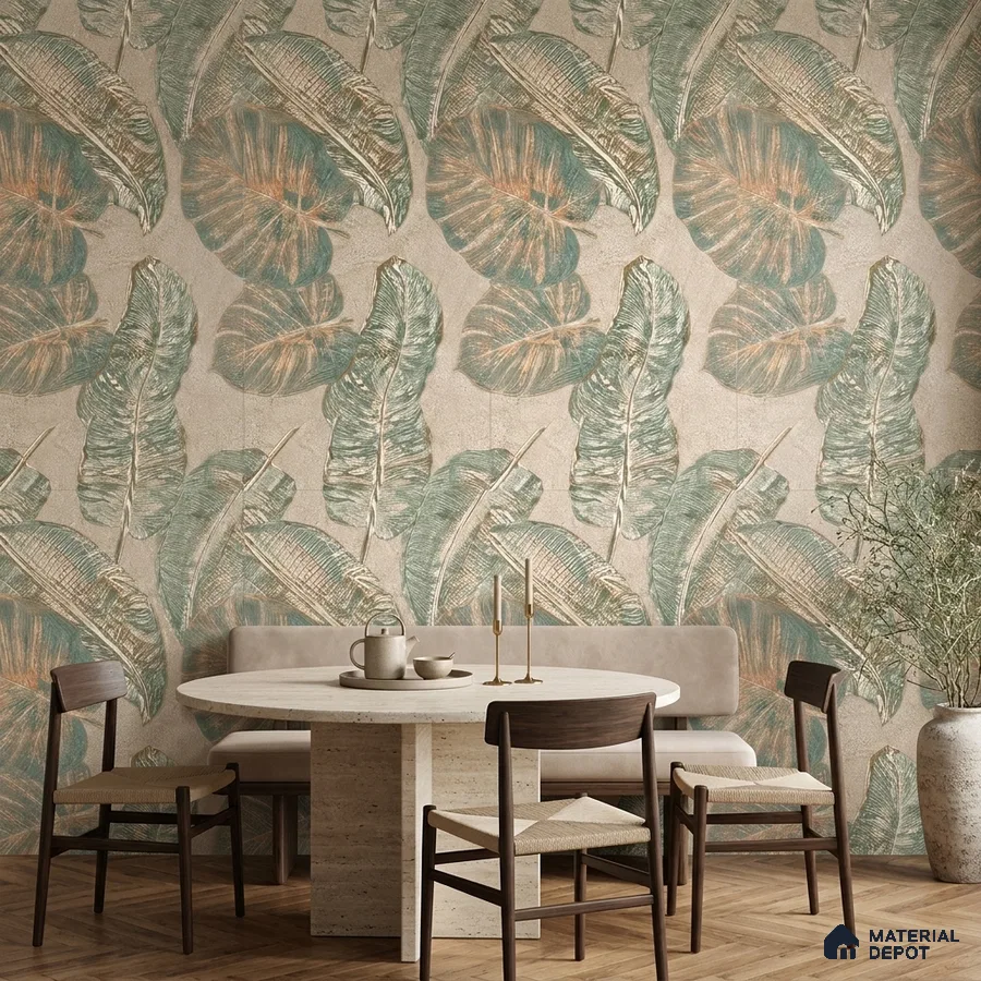 Scandinavian dining room with tropical patterned tile and travertine dining table