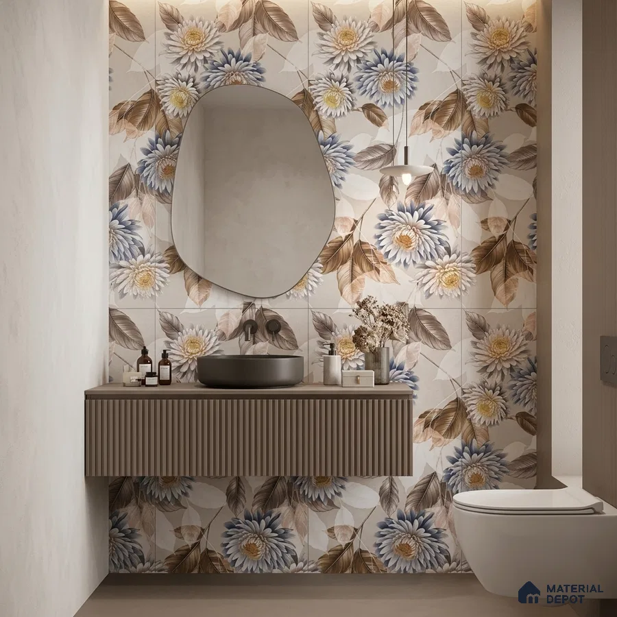 Modern bathroom with floral patterned wall tiles and fluted taupe vanity