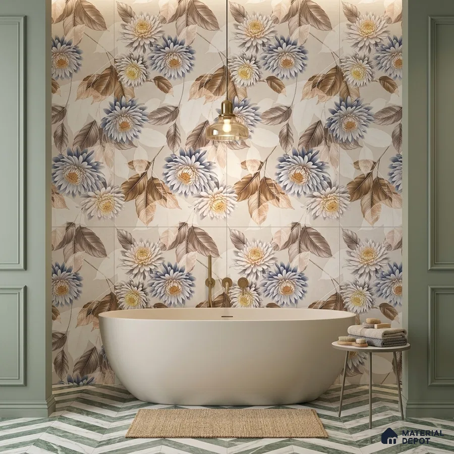 Modern bathroom with floral highlighter wall tiles and chevron patterned green and white floor tiles