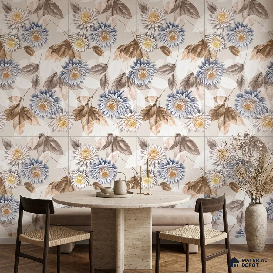 Modern dining room with large floral patterned wall tiles and travertine dining table