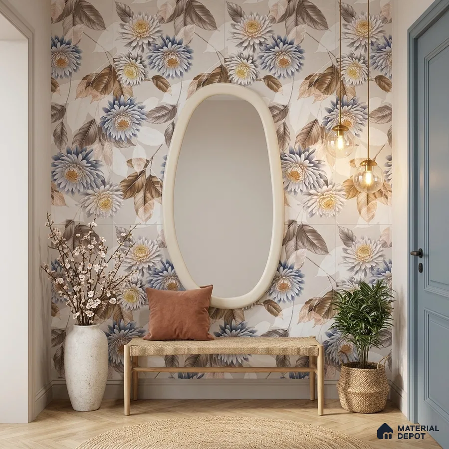 Modern foyer with floral tile, natural wood bench, and herringbone wooden flooring