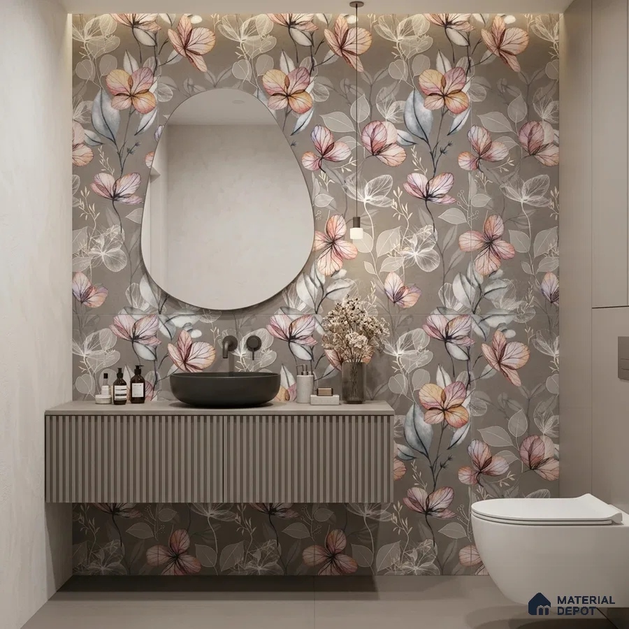 Modern bathroom with floral patterned wall tile and fluted vanity laminate