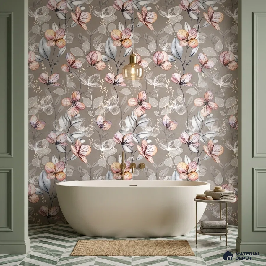 Modern bathroom with floral tile, freestanding tub, and green chevron floor tiles