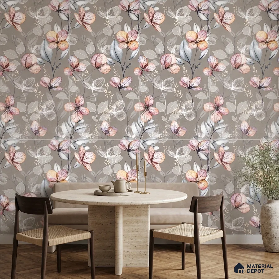 Modern dining room with floral tile and travertine round dining table