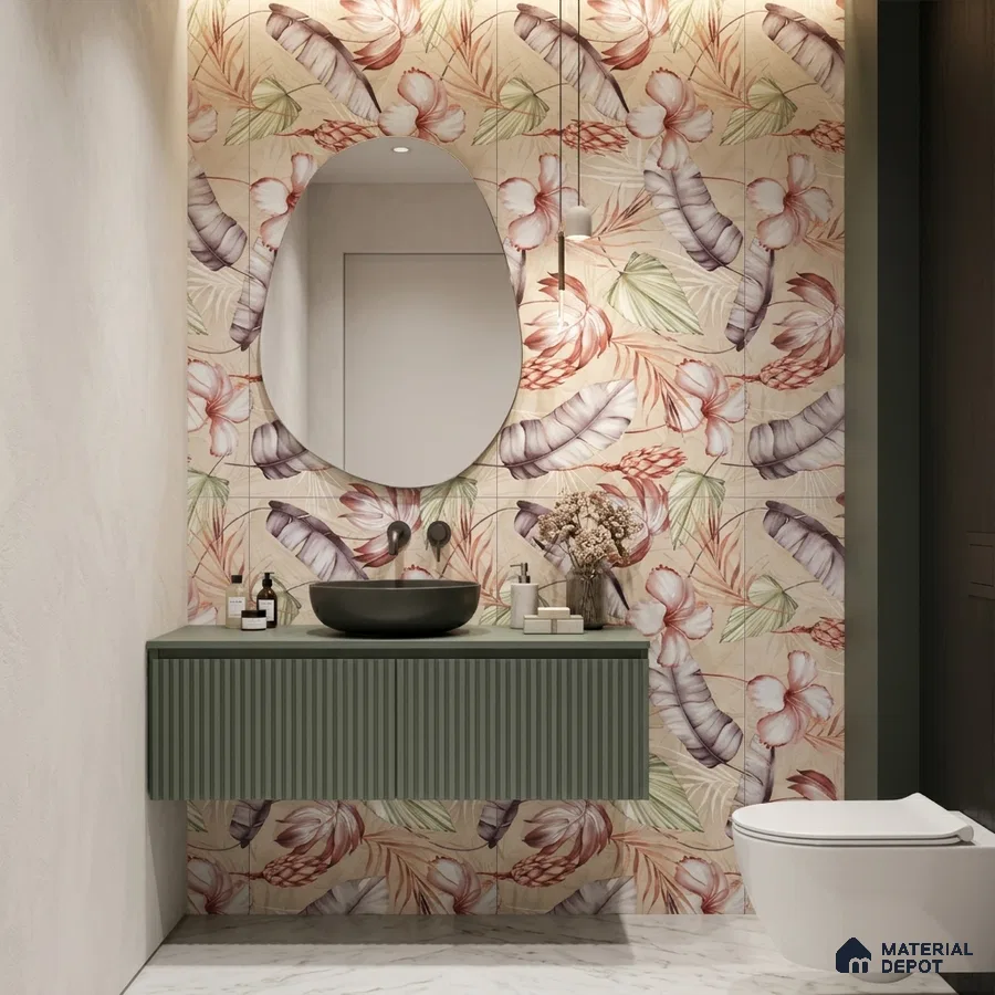 Modern bathroom with floral tropical highlighter wall tile, sage green fluted vanity, and marble floor tile