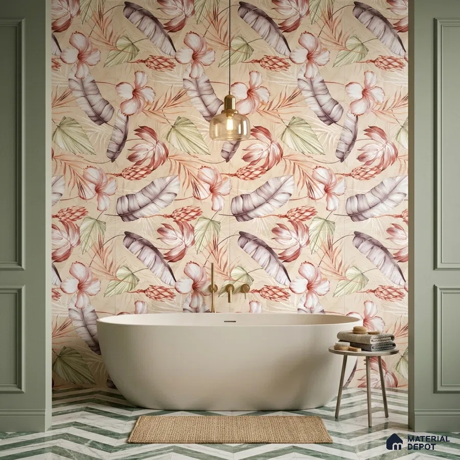 Modern bathroom with tropical floral highlighter wall tiles and chevron marble floor tiles