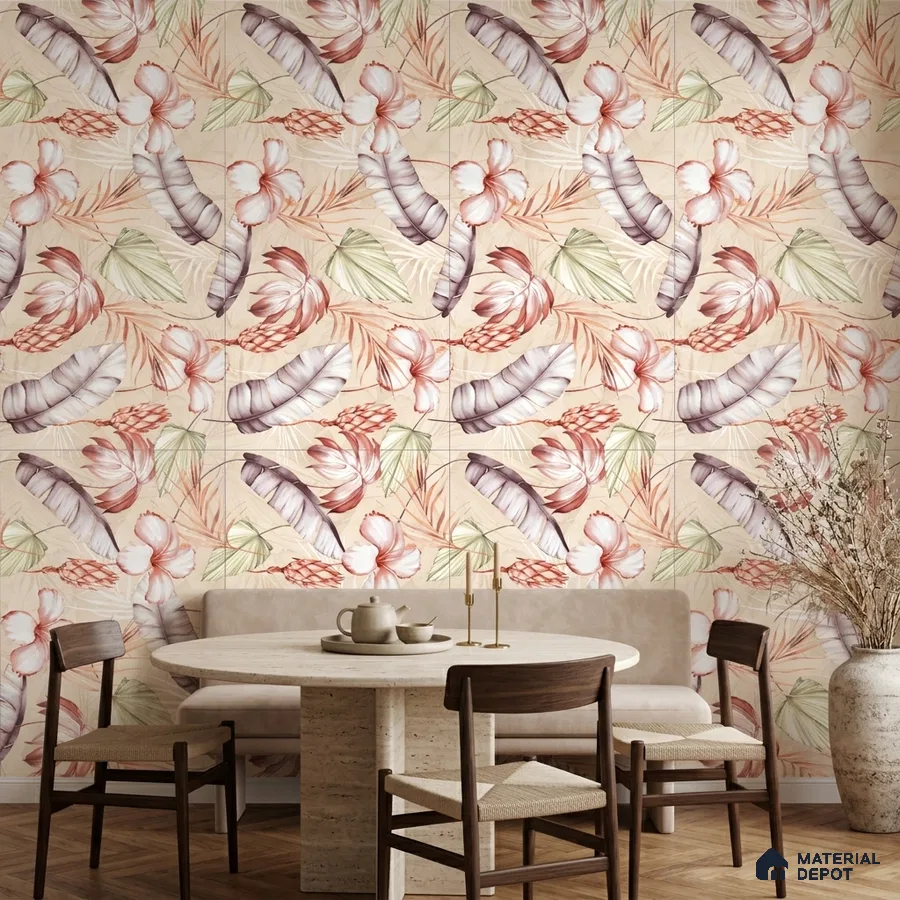 Scandinavian dining room with floral patterned tile and travertine dining table