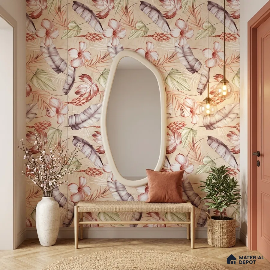 Eclectic foyer with floral patterned tile and natural wood bench