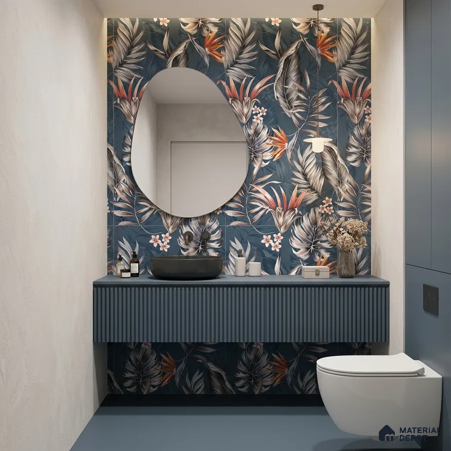 Modern bathroom with tropical floral highlighter wall tile and blue fluted vanity laminate