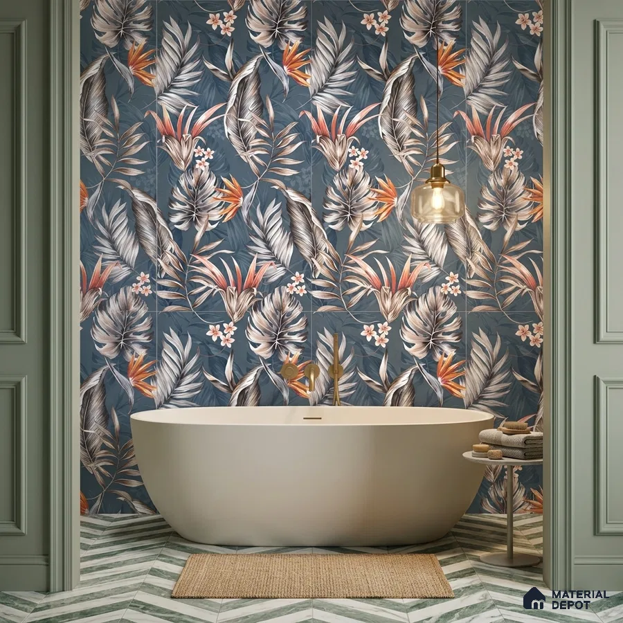 Modern bathroom with tropical floral highlighter wall tiles and chevron green-and-white floor tiles