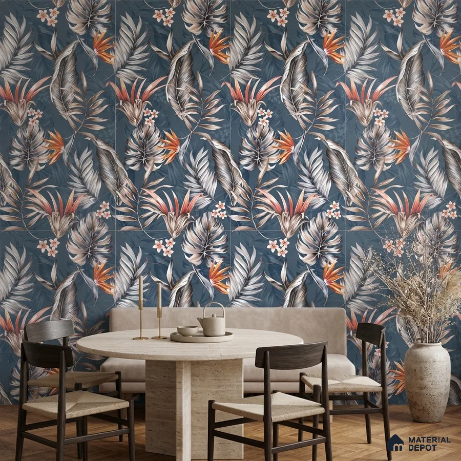 Eclectic dining room with tropical floral tile and travertine dining table