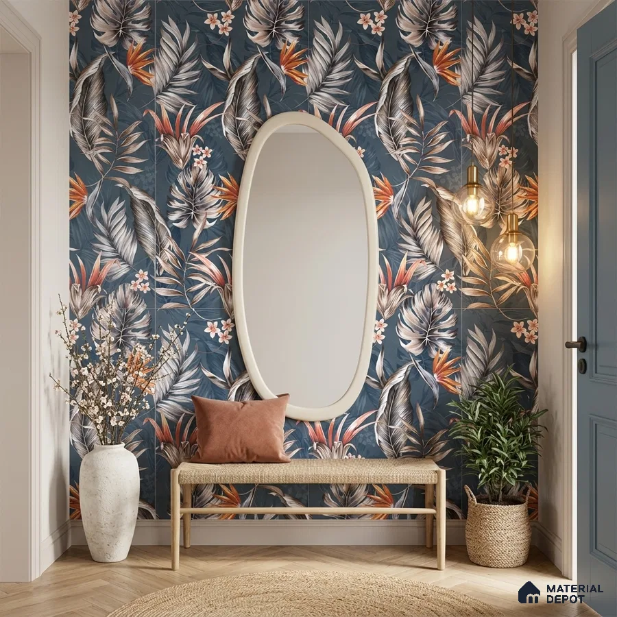 Eclectic foyer with tropical floral tile and natural wood bench