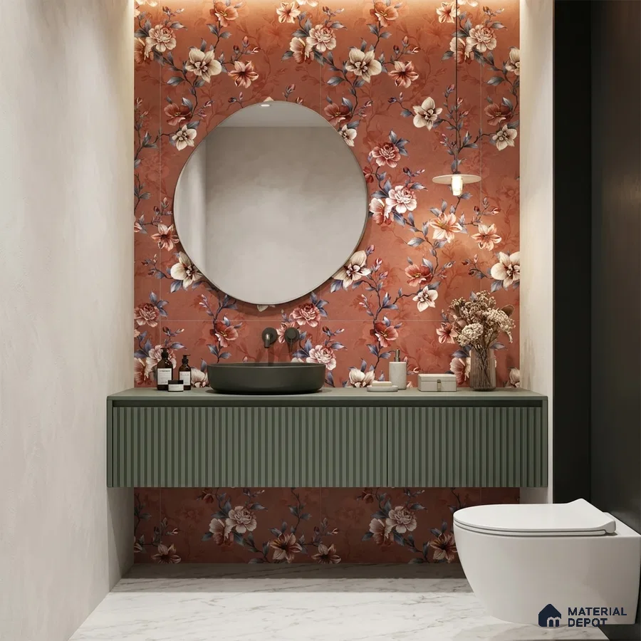 Modern bathroom with terracotta floral wall tiles, sage green fluted vanity, and white marble floor tile