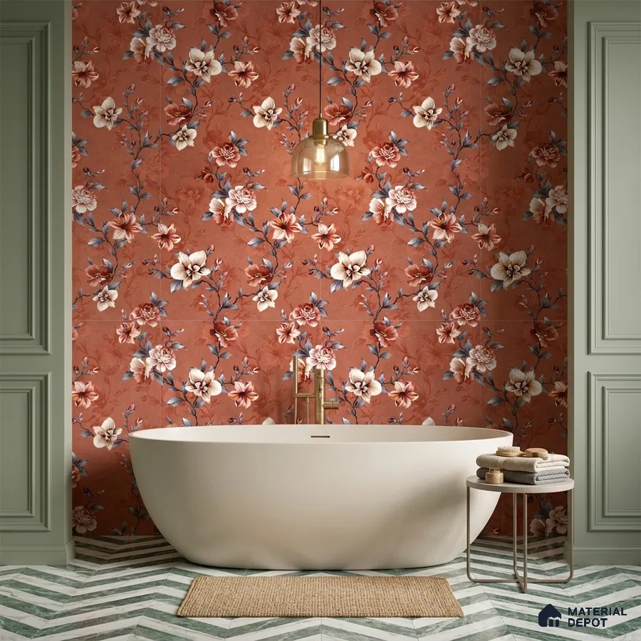 Modern bathroom with terracotta floral highlighter wall tile and chevron marble floor tile
