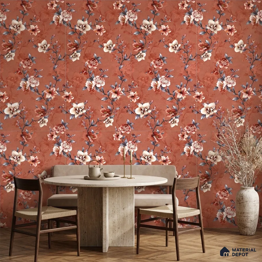 Eclectic dining room with terracotta floral tile and travertine dining table