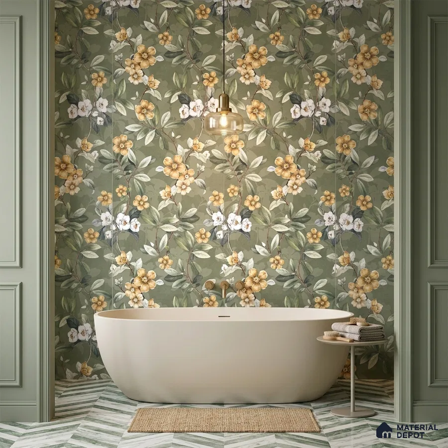 Modern bathroom with floral green highlighter wall tile and chevron marble floor tile
