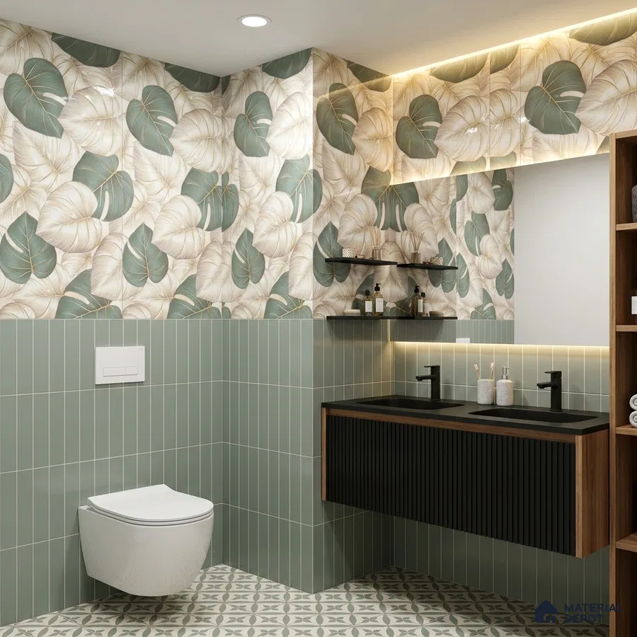 Modern bathroom with tropical leaf highlighter wall tile, sage green vertical subway wall tile, and patterned floor tile