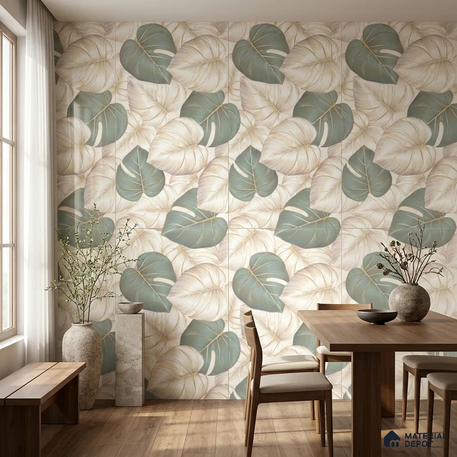 Scandinavian dining room with tropical leaf patterned tile and natural wood furniture